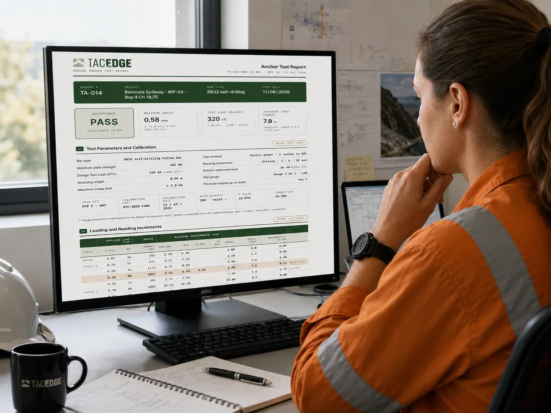 Engineer at a desk reviewing a passed TACEDGE anchor test report on a desktop monitor