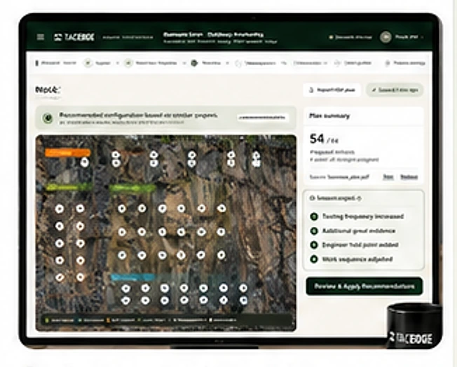 TACEDGE recommending a configuration for the next project from confirmed records, with proposed anchor layout, testing and evidence changes ready to review and apply